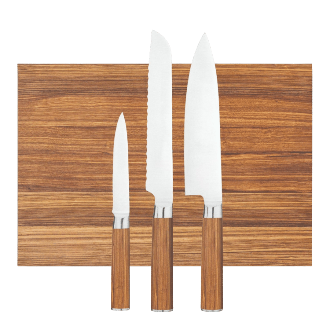 3 kniver + skjærebrett i sebratre