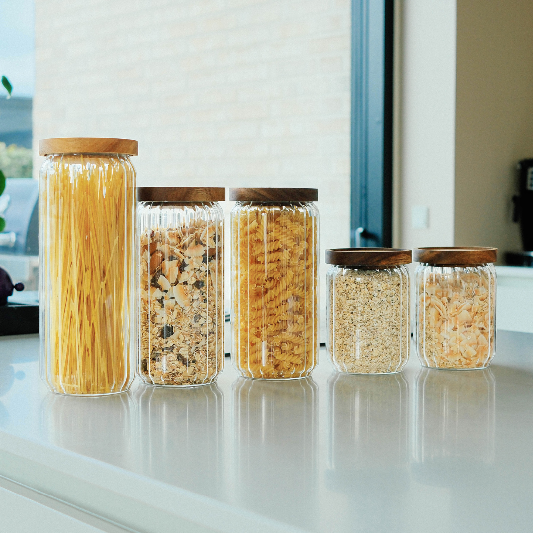 Oppbevaringsbokser i glass med trelokk – 5-pakning