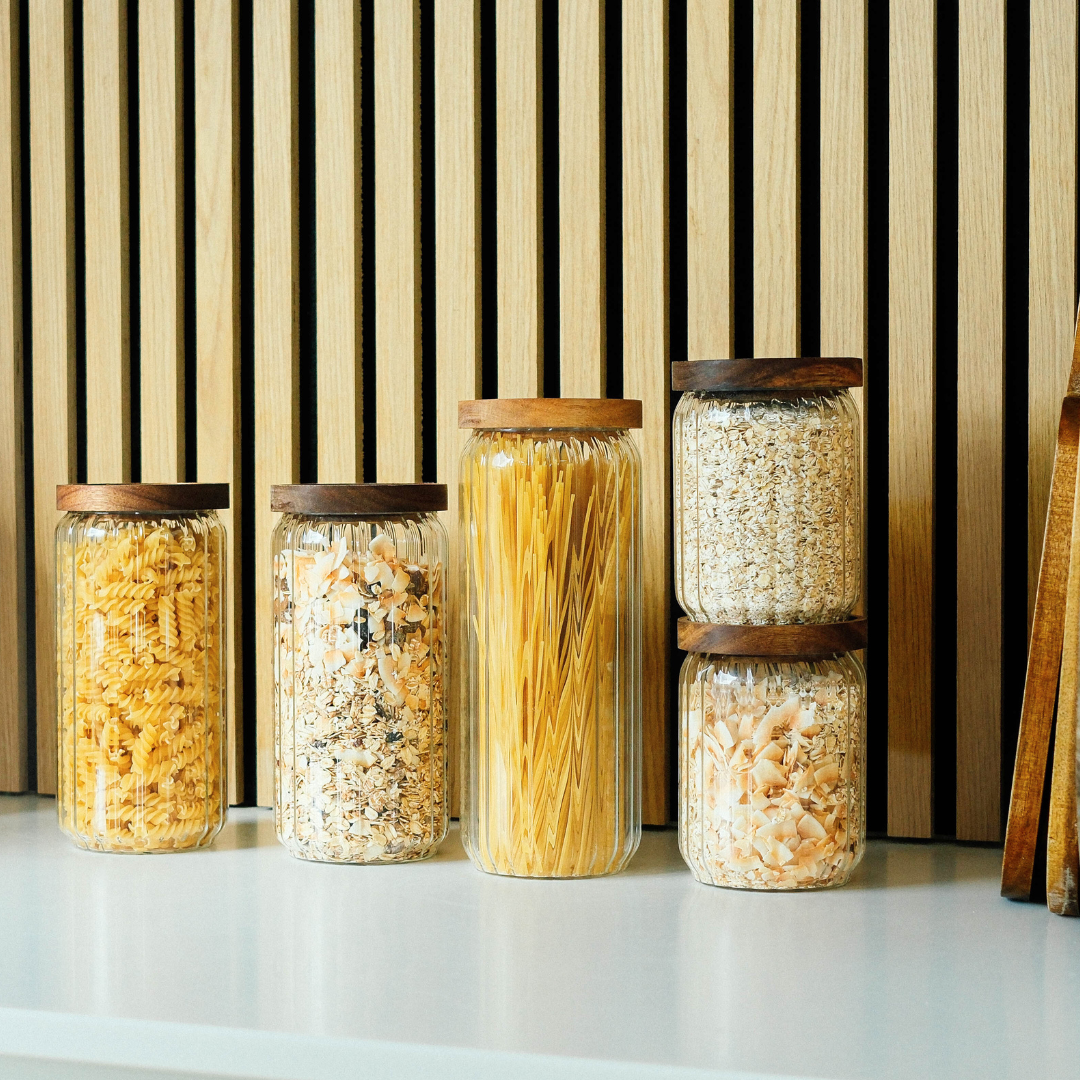 Oppbevaringsbokser i glass med trelokk – 5-pakning
