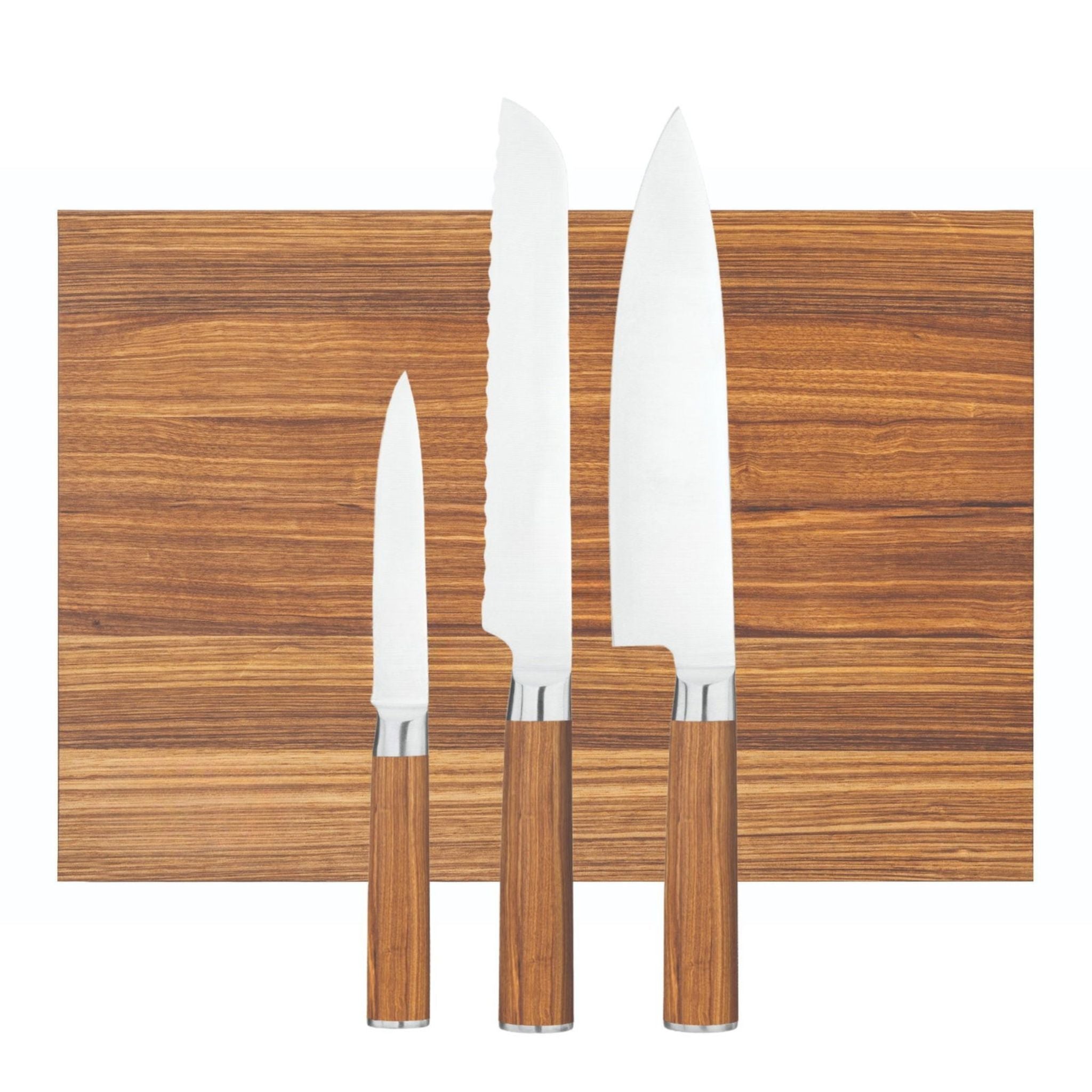 3 kniver + skjærebrett i sebratre