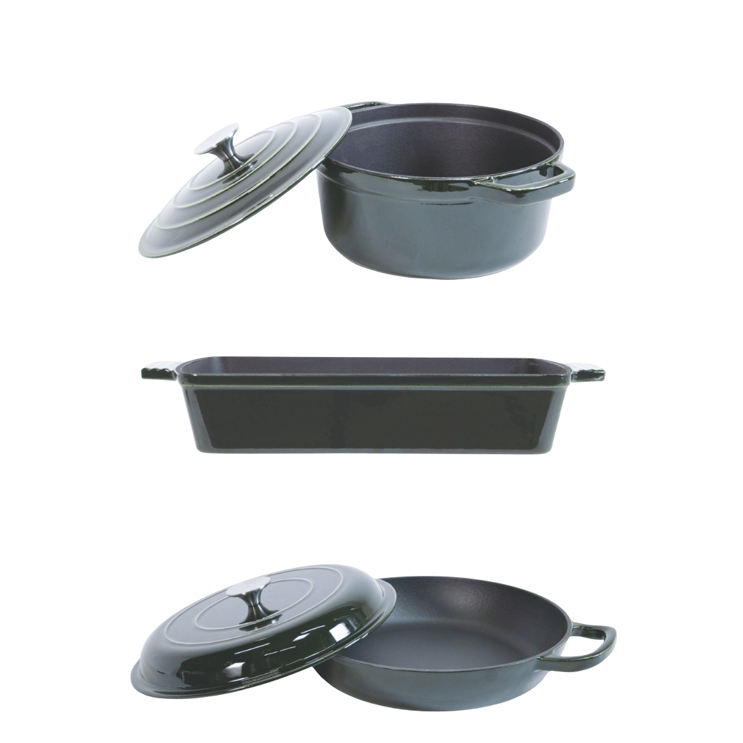 Støpejern sett (Sautépanne Ø30,5, Kasserolle Ø24 & Ovnform 39×23 cm)