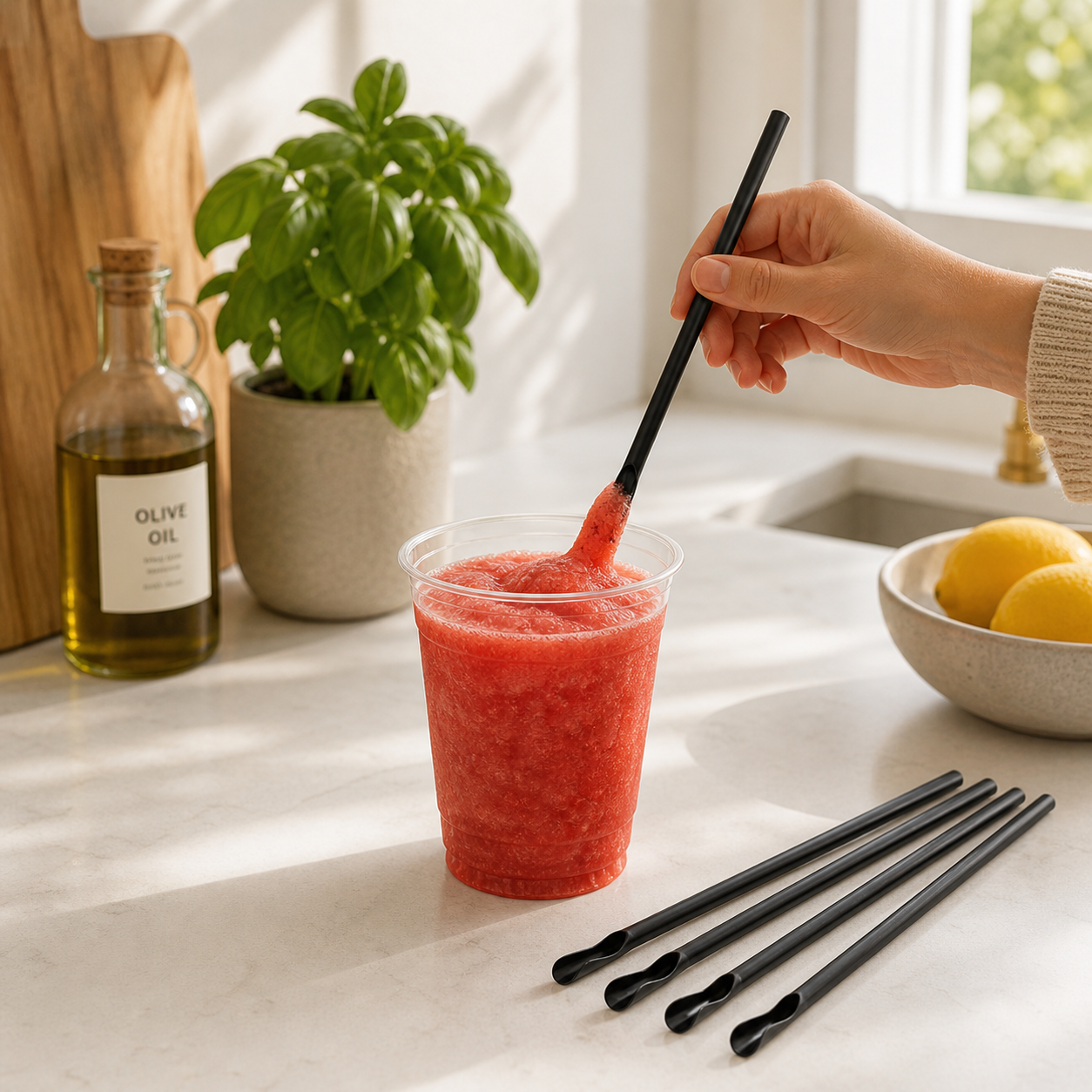 Slush Ice sugerør med skje 8x210 mm – Svart (100 stk.)